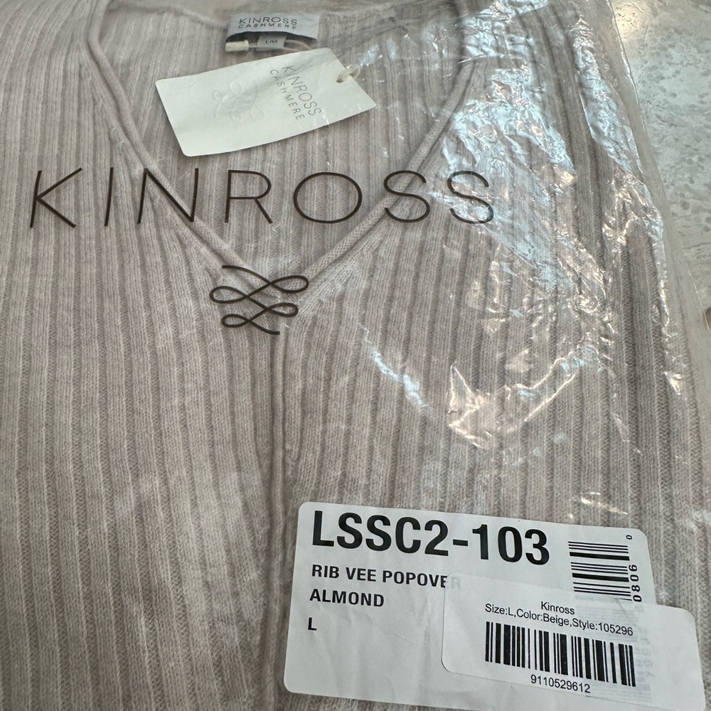Kinross Rib Vee 100% Cashmere "Almond" Ribbed Knit V-Neck Sweater